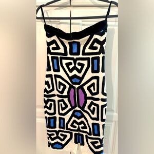 Summer White Geometric Patterned Dress with Blue and Purple Accents Size XS